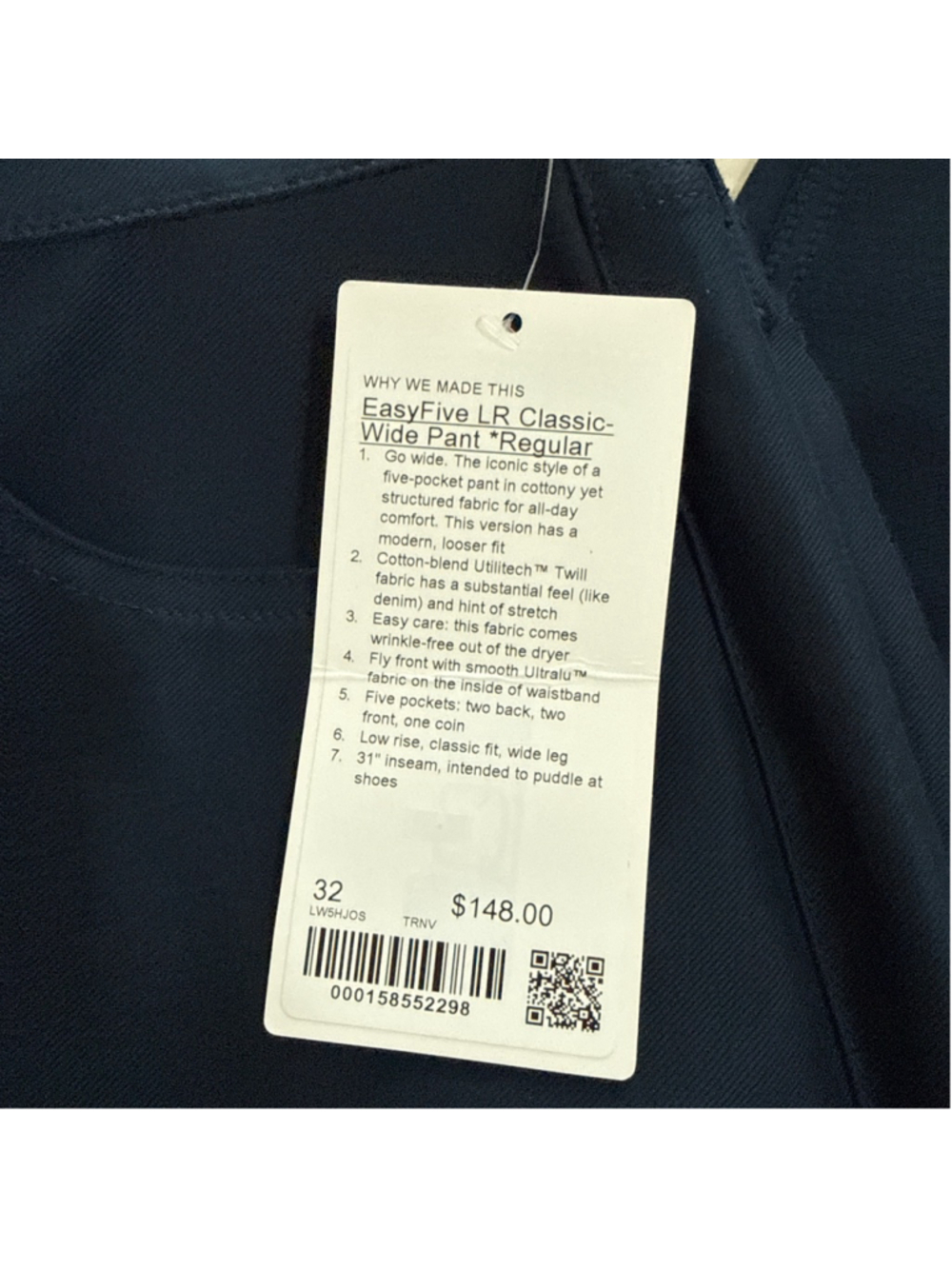 Women's Lululemon Navy EasyFive LR Classic-Wide Pant, Size 32 - Picture 3 of 6